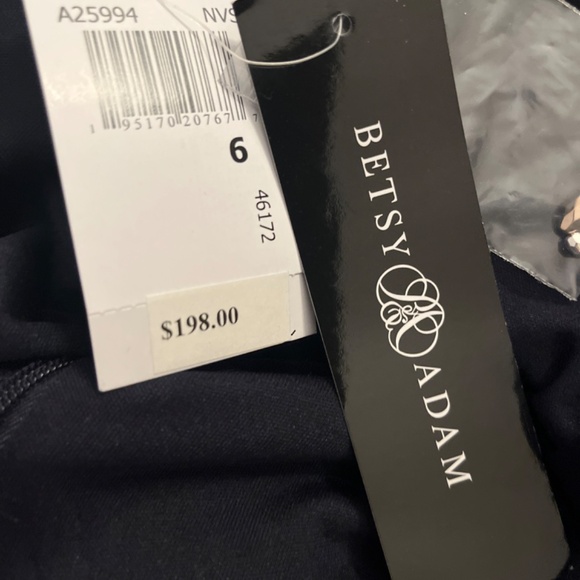 Betsy & Adam Square Neck Short Beaded Sleeve Open Back Gown Navy Dress Size 6 - Picture 14 of 15